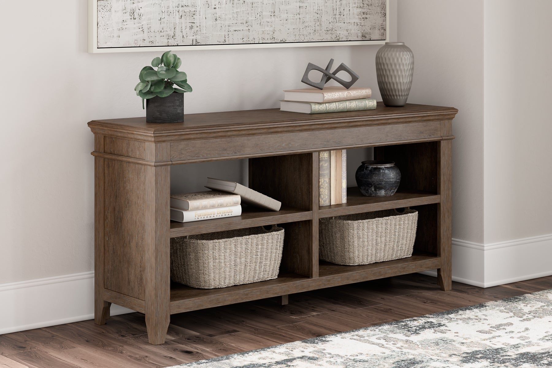 The Janismore Weathered Gray Desk With 2 Bookcase Wall Units is