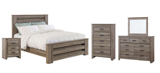 Zelen Queen Panel Bed with Mirrored Dresser, Chest and Nightstand