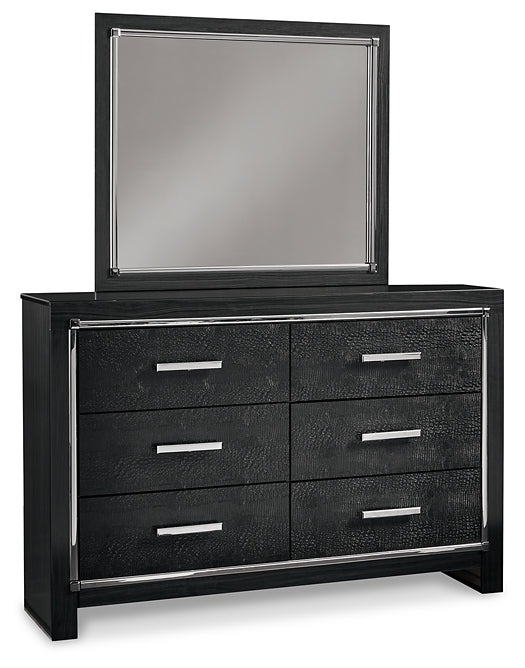 Kaydell Queen Upholstered Panel Bed with Mirrored Dresser and 2 Nightstands