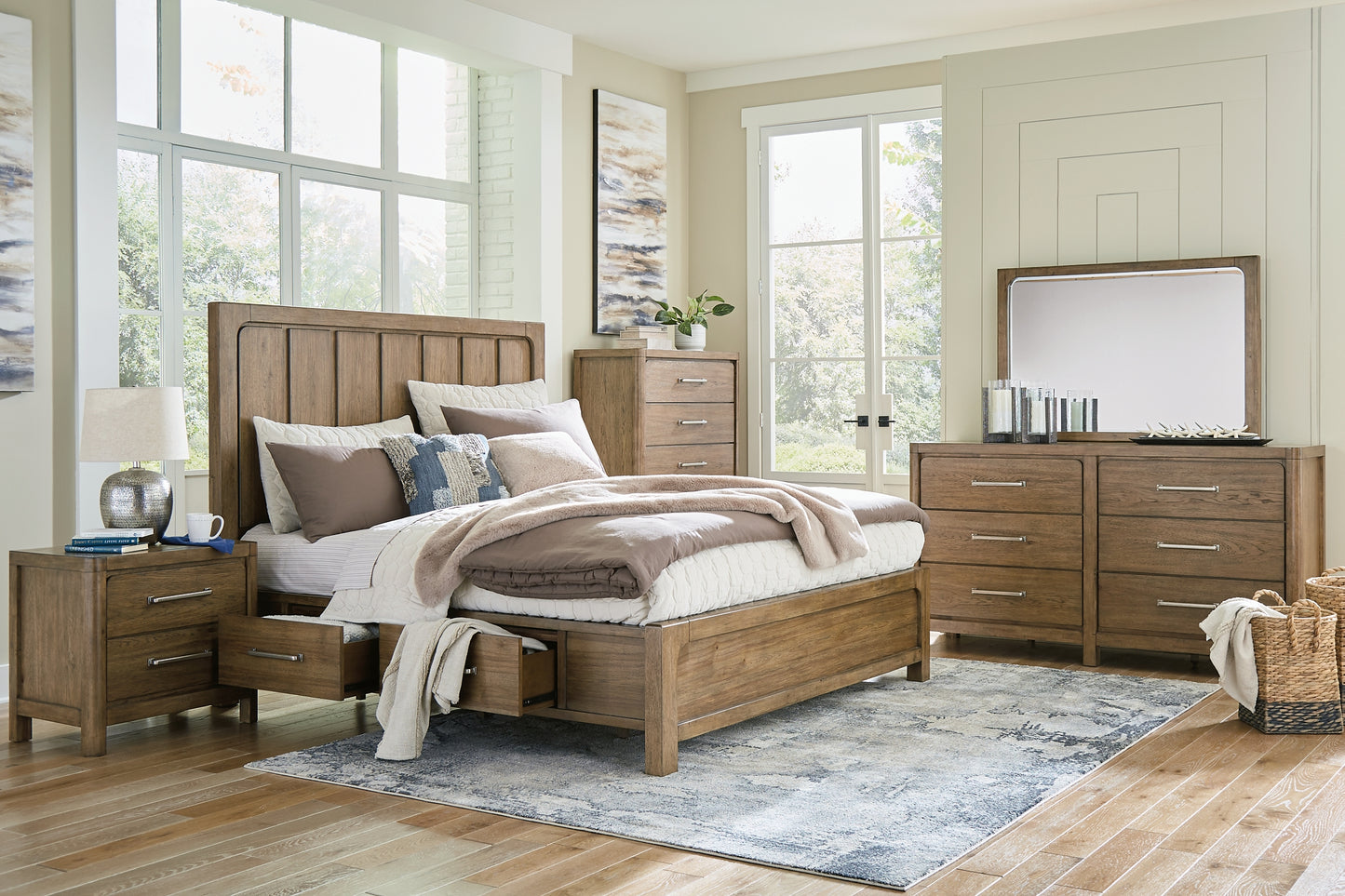 Cabalynn King Panel Bed with Storage with Mirrored Dresser, Chest and Nightstand